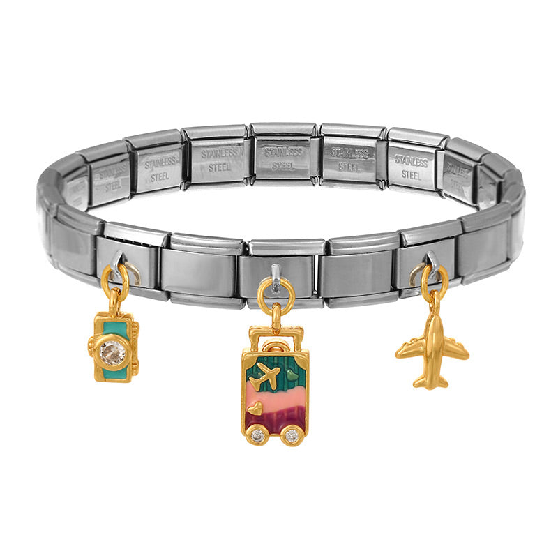 Pulsera Italiana de Acero Inoxidable con Dijes de Chapa de Oro PAI1105-1