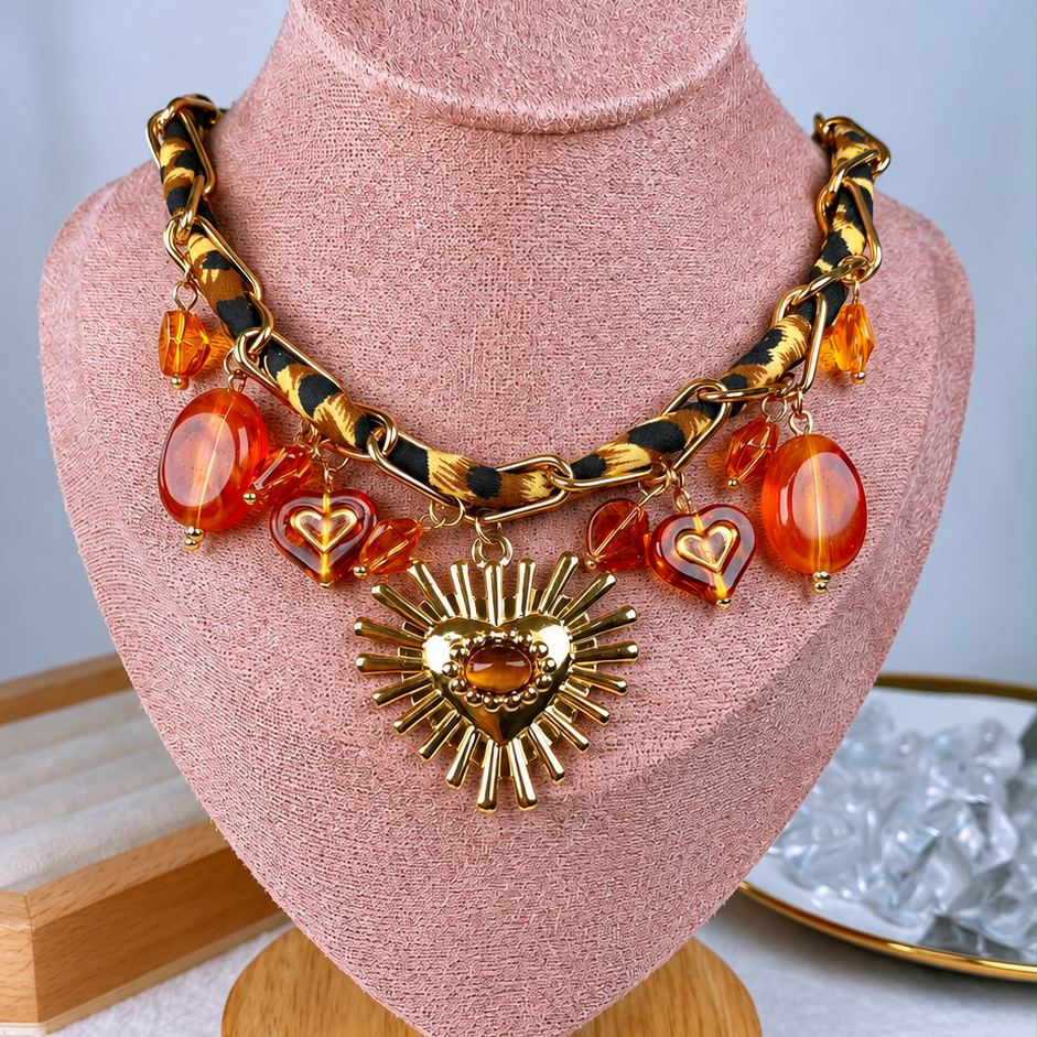 Collar de Tela con Dijes de Acero Inoxidable y Acrilico CAI3550-1