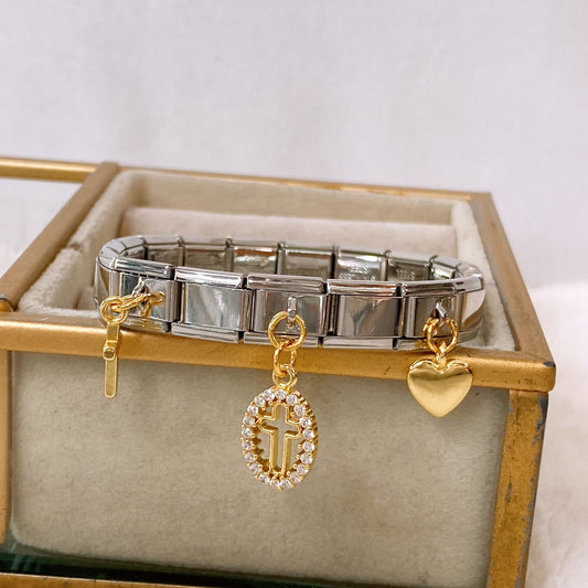 Pulsera Italiana de Acero Inoxidable con Dijes de Chapa de Oro PAI1633-1