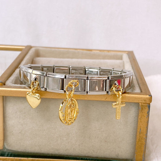 Pulsera Italiana de Acero Inoxidable con Dijes de Chapa de Oro PAI1632-1