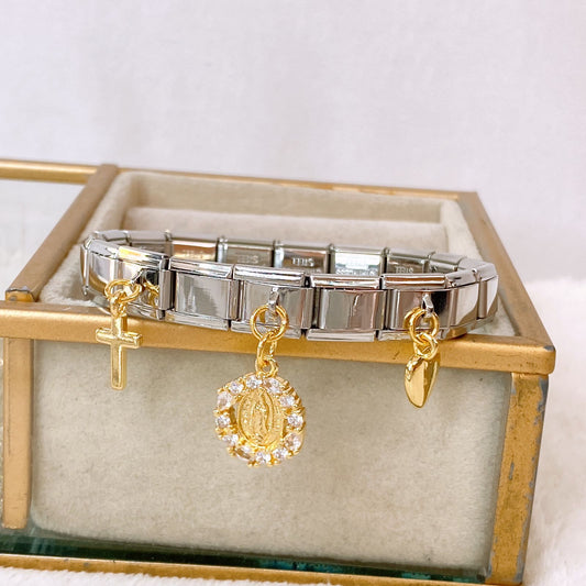 Pulsera Italiana de Acero Inoxidable con Dijes de Chapa de Oro PAI1631-1