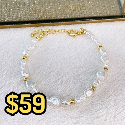 Pulsera de Perlas y Cuencas de Chapa de Oro COP1613-1