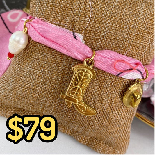 Pulsera de Tela con dijes de Acero Inoxidable y chapa de Oro PAI1018-1
