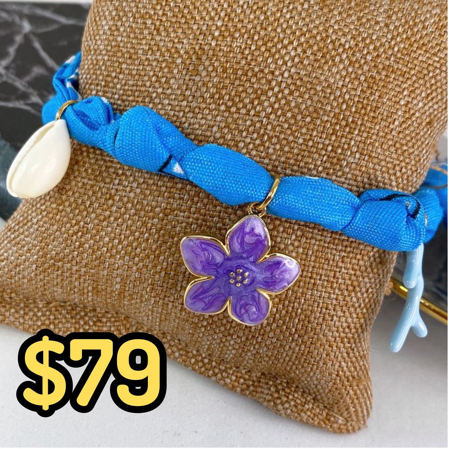 Pulsera de Tela con dijes de Acero Inoxidable y chapa de Oro PAI1018-3